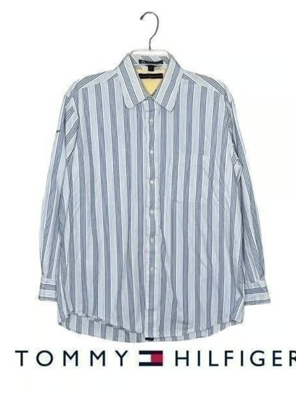 Vintage Tommy Hilfiger Mens Blue White Striped Casual Button Down Shirt Size 16
